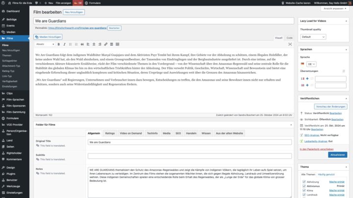 Screenshot of the WordPress admin interface for a films database