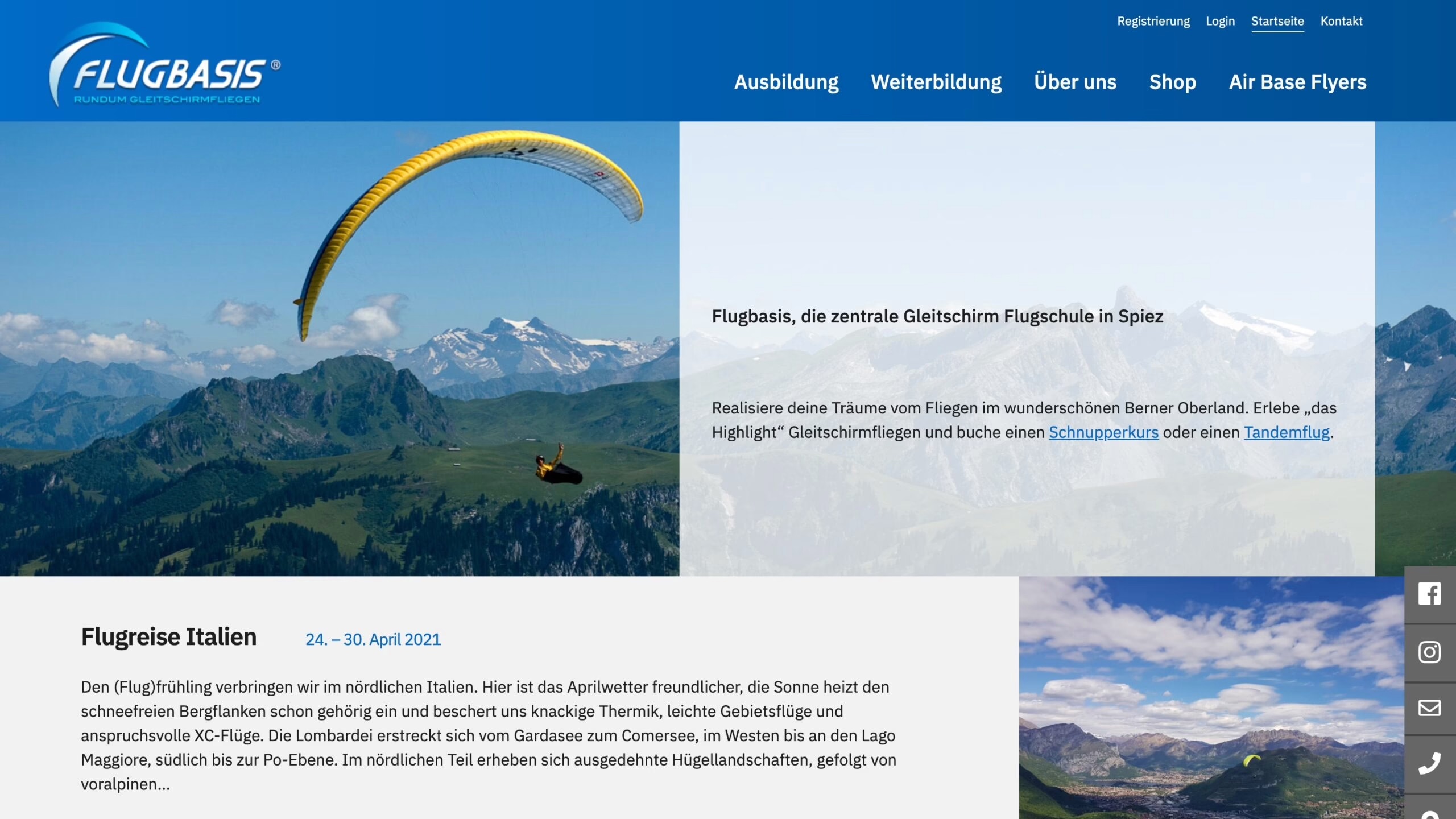 A screenshot of a web page for Flugbasis, as it was in 2024
