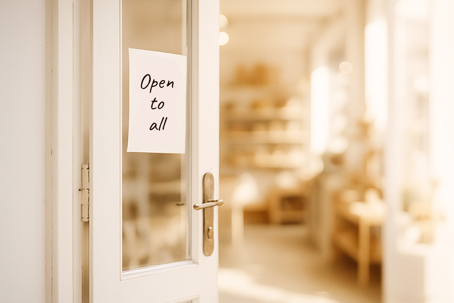 A bright entrance door showing a sign saying “open for all”